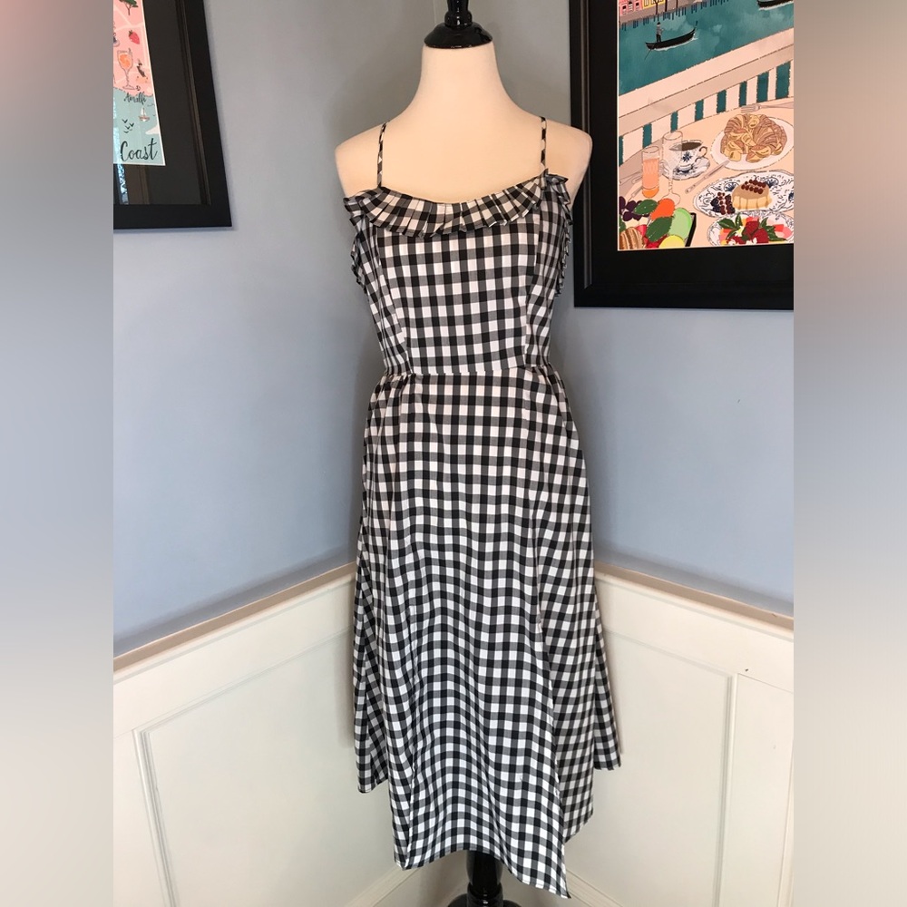 Black & White Gingham Midi Sundress w/ Pleated Ruffle Trim & Lace Up Back Sz L
